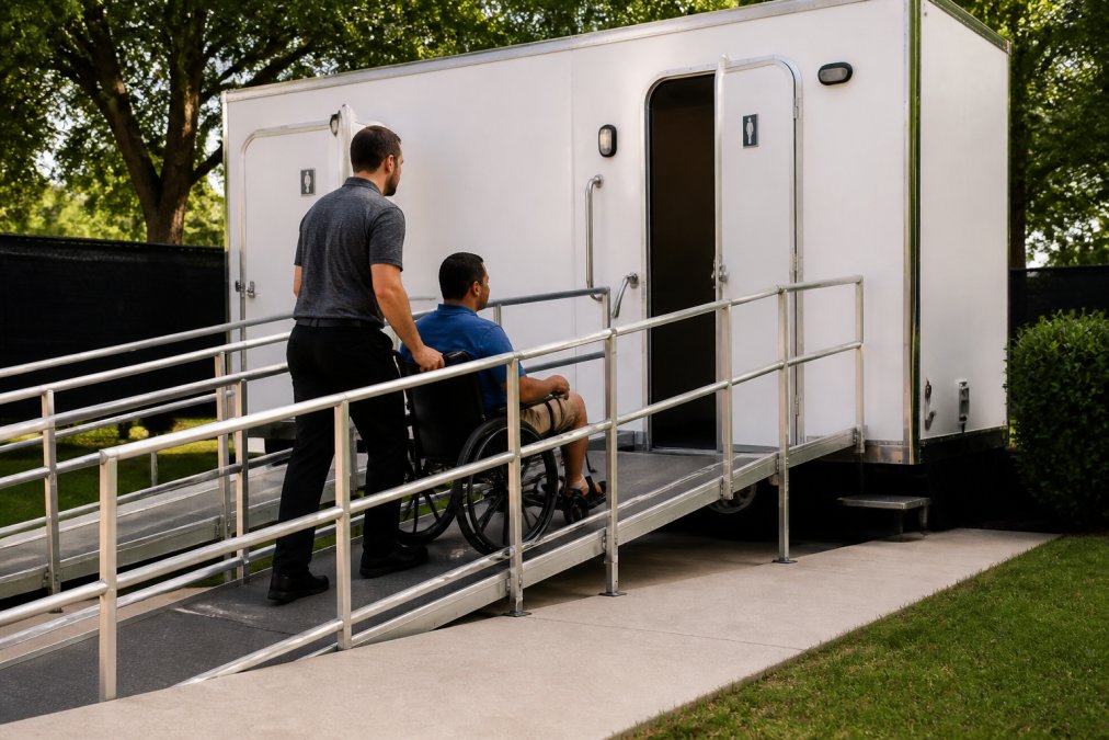 Exterior view of an ADA-compliant restroom trailer with an accessible ramp at proper slope angle, showing a person in a wheelchair approaching the entrance with assistance, natural outdoor lighting