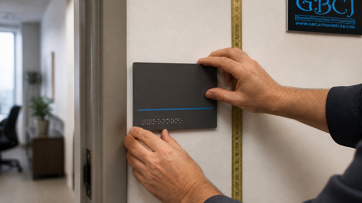 Close-up of a hand installing a tactile room identification sign with Braille next to an office door frame, showing the sign mounted on the latch side at a measurable height