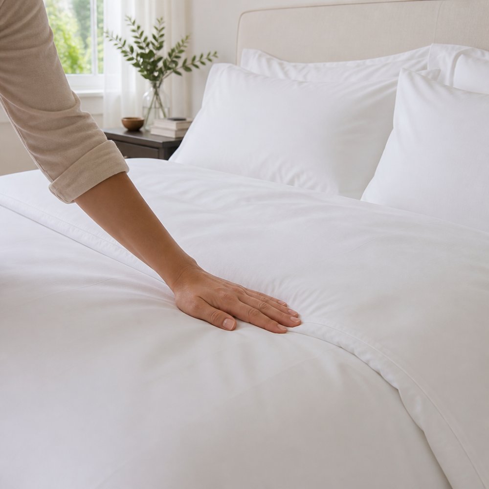 Hand smoothing a crisp white cotton quilt cover on luxury bedding in a bright, sunlit bedroom.