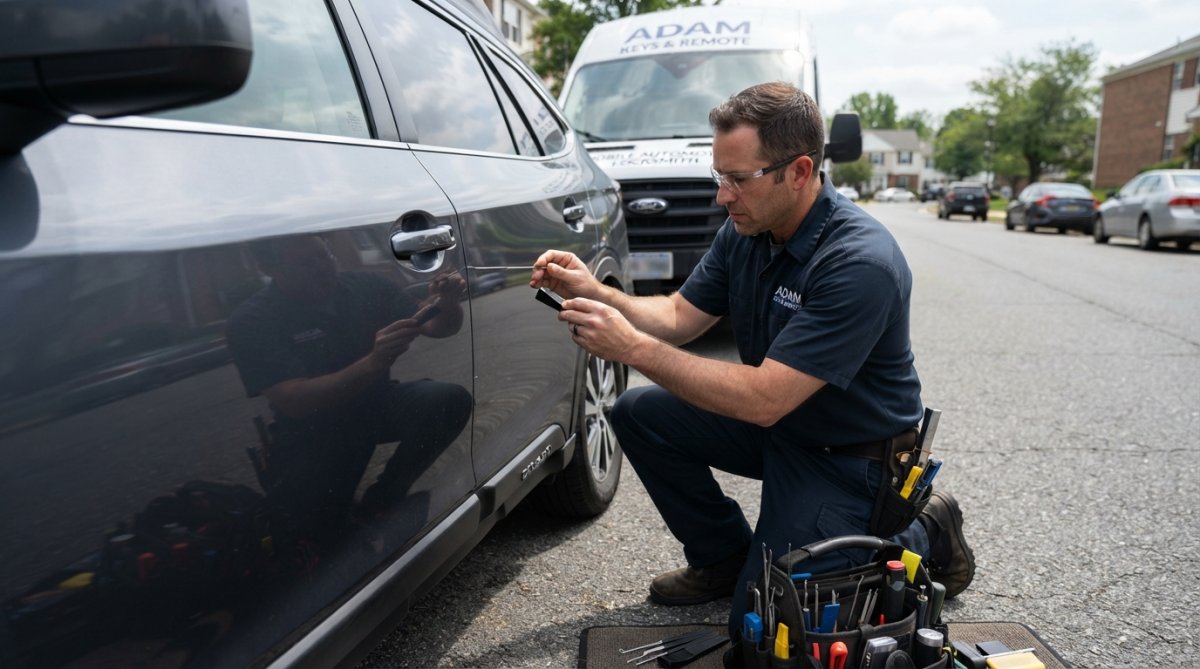 Professional locksmith using specialized tools to access a vehicle door in daylight conditions, demonstrating on-site emergency lockout service with focus on proper technique and equipment