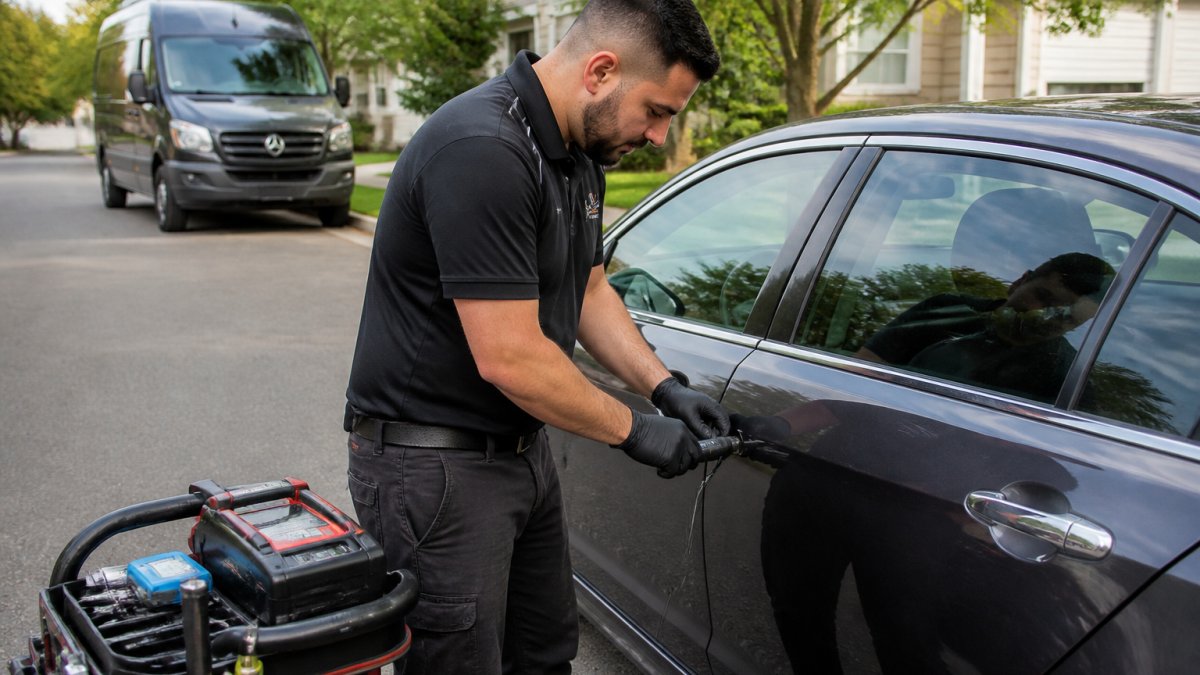 A technician from Adam's Auto Keys cuts and programs a replacement car key on a street in Manassas Park, VA.