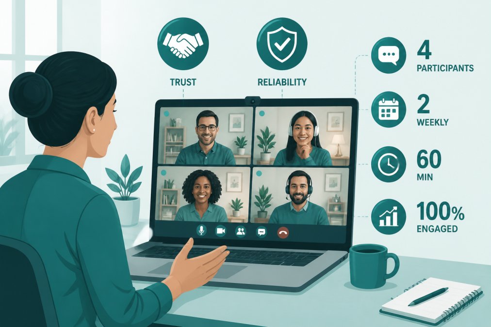 Manager on video call with engaged remote team members visible on screen, each in their own home office with good lighting, showing focused faces and collaborative conversation through laptop camera