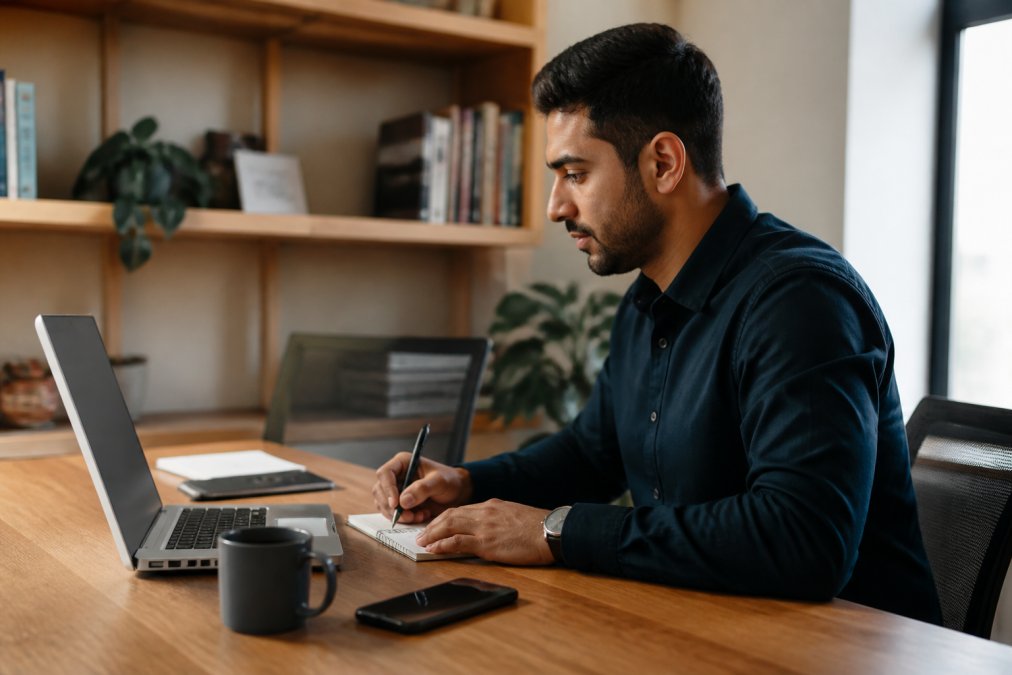 Professional at desk with laptop and notebook, reviewing messages in multiple communication channels and planning daily communication schedule with calendar visible, natural office lighting