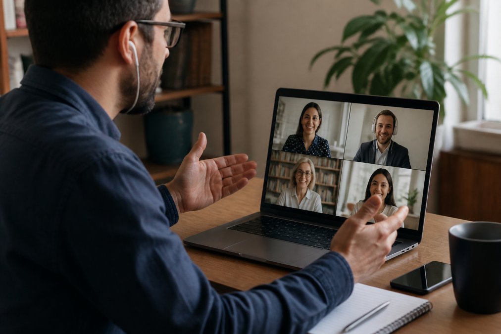 A manager video conferencing with team members on a laptop screen, with visible engagement and active listening cues, representing virtual leadership and behavioral adaptation in a home office setting