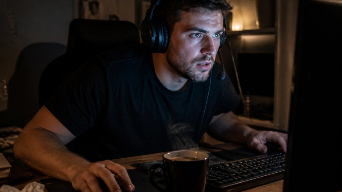 A gamer at a desk with a headset on, one hand on a mouse, a steaming mug of dark coffee beside the keyboard, monitor glow on their face in a dim room