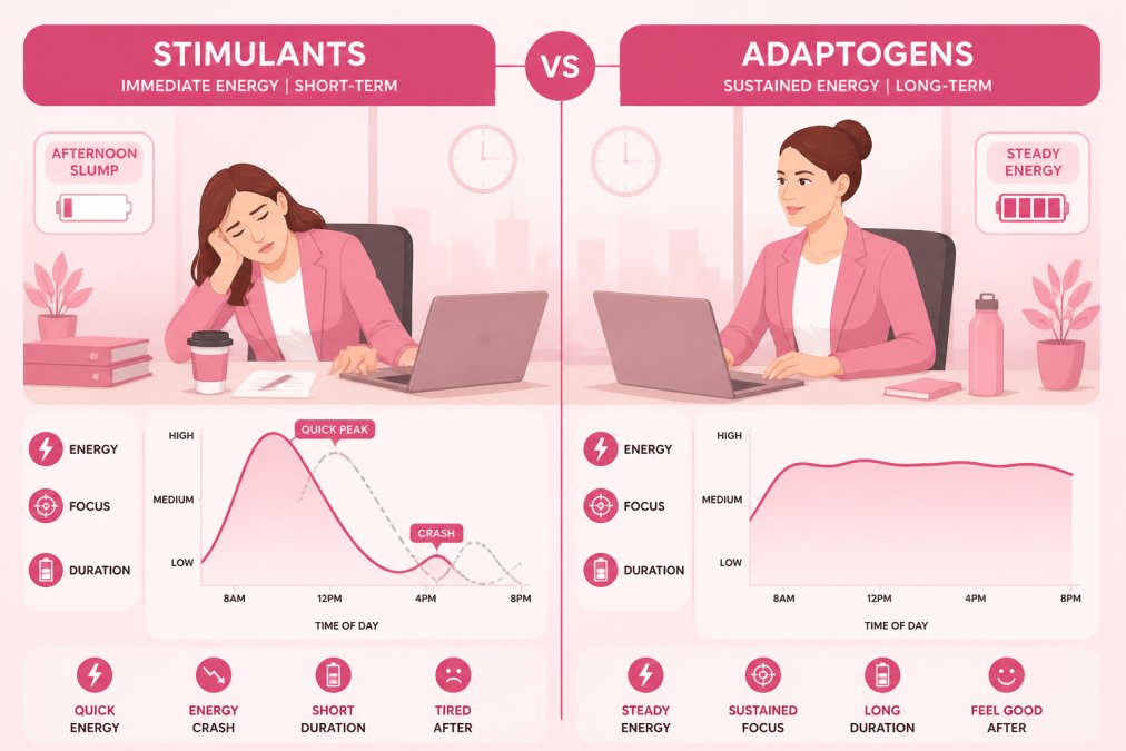 Professional at desk during afternoon slump looking tired and reaching for coffee cup, compared side-by-side with alert professional at same time of day appearing focused and energised, showing contrast between stimulant crash cycle and sustained adaptogenic support