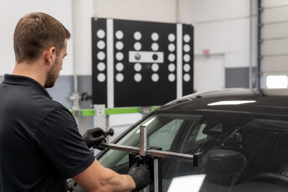 Professional technician using diagnostic calibration equipment to align a vehicle's front-facing camera sensor mounted on the windshield, with precision calibration targets visible in the background of a modern auto glass shop
