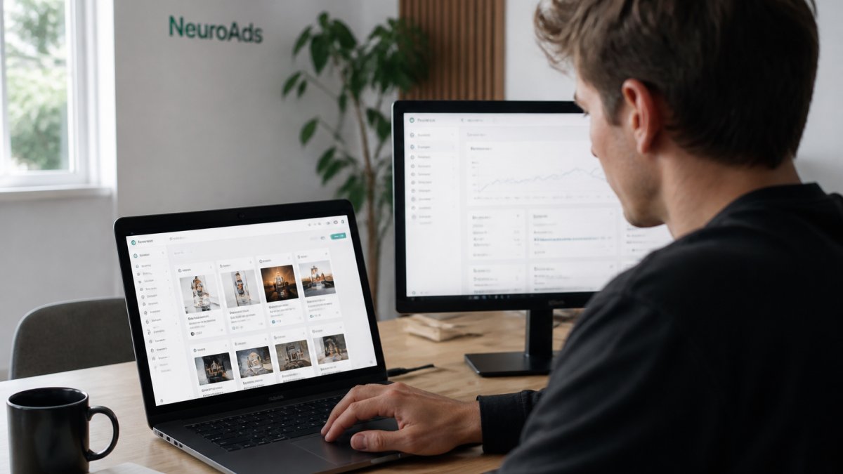 A paid media manager at a DTC brand comparing AI ad creative tools on a laptop screen in a bright office, with a Shopify dashboard visible on a second monitor