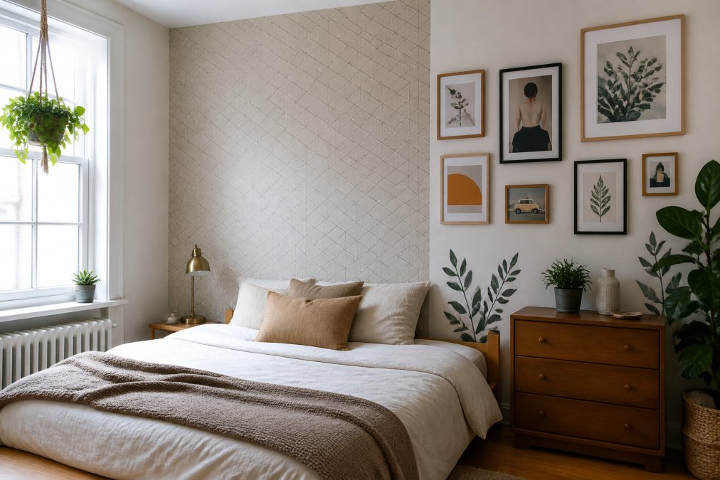 A rental apartment bedroom featuring one accent wall covered in peel-and-stick wallpaper with a geometric pattern, a gallery wall arrangement with command strips holding framed prints and artwork, and decorative wall decals creating visual depth without any damage to the walls