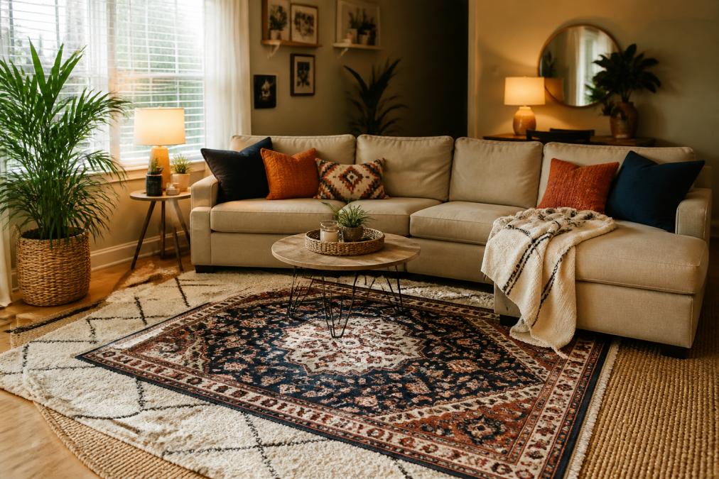 A cozy rental living room with multiple layered area rugs in complementary neutral and patterned tones, a neutral sofa styled with vibrant accent pillows in bold colors and patterns, soft throw blankets draped casually, and warm lighting creating an inviting and personalized atmosphere