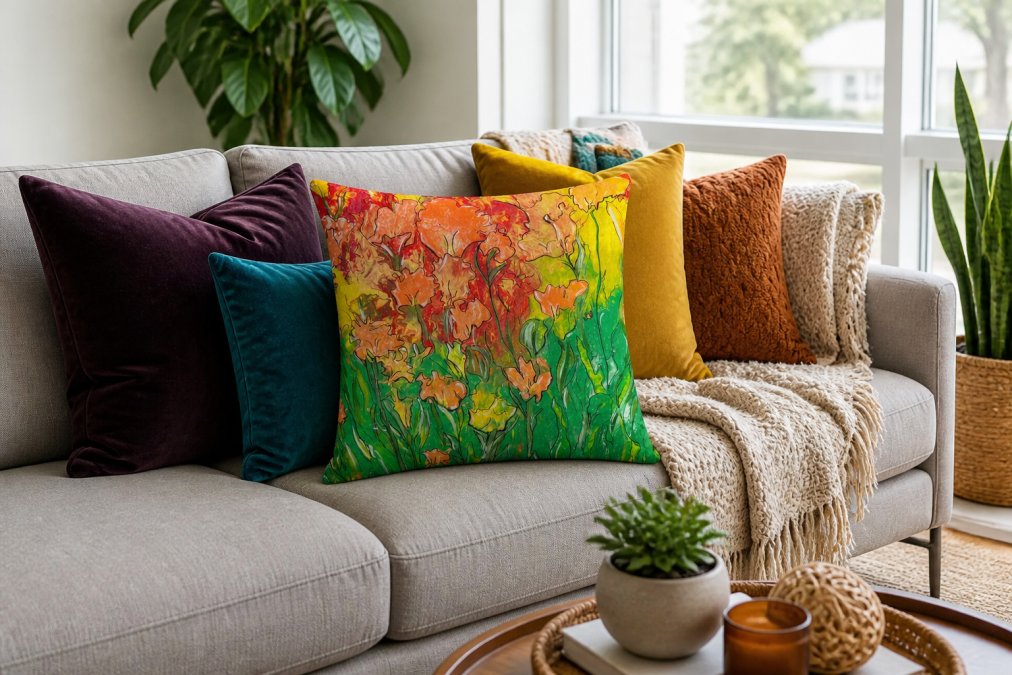 A neutral gray sofa styled with multiple vibrant accent pillows in jewel tones and earth tones, layered with textural throws and cushions in a bright, naturally lit living room