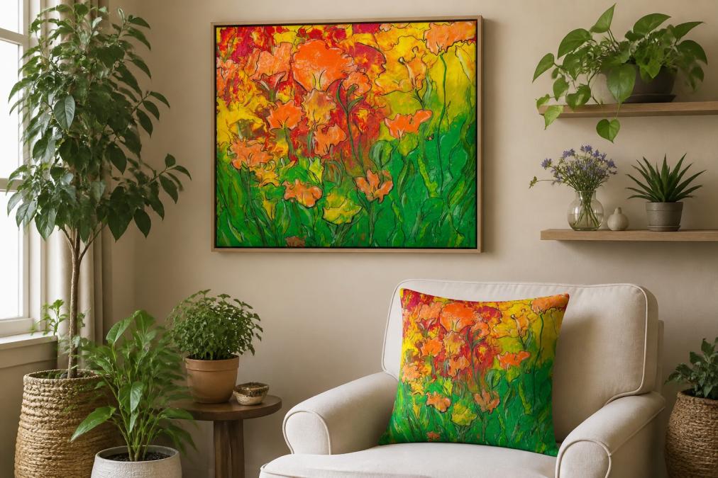 A neutral beige wall featuring bold, colorful artwork with green potted plants and flowers arranged on floating shelves, creating visual interest and focal points