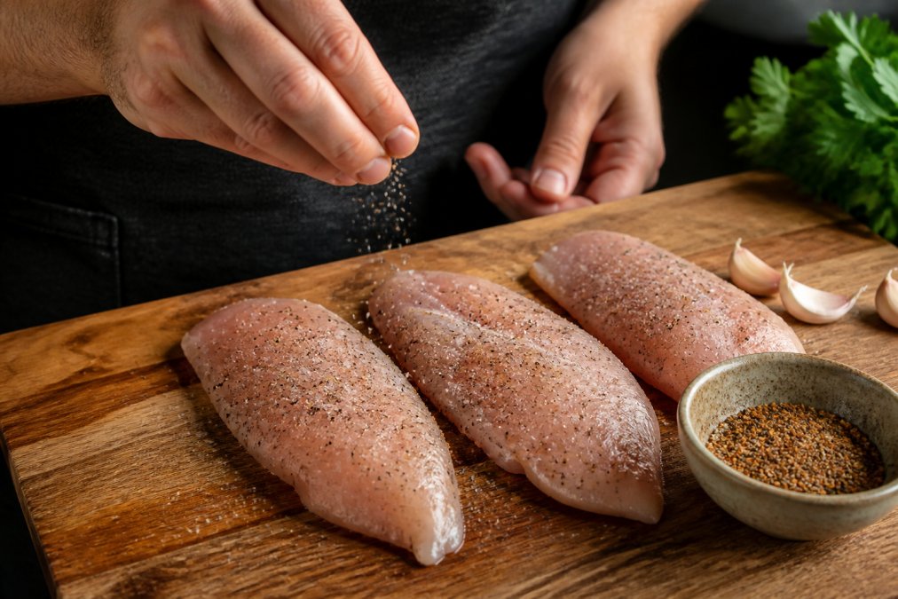 Close-up of hands sprinkling salt and cracked black pepper over raw chicken breasts on a wooden cutting board, with a small bowl of spice rub and fresh garlic cloves beside it