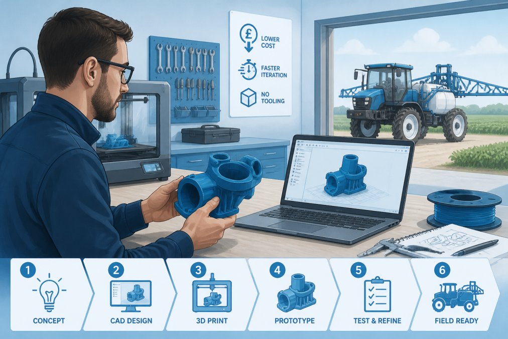 A design engineer in a workshop holding a 3D-printed agricultural component next to a laptop showing its CAD model, with a field sprayer visible through the open door