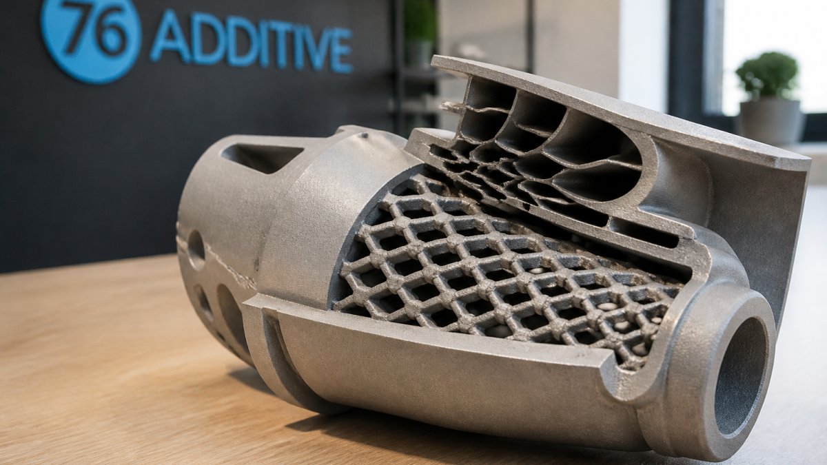 Close-up of a 3D-printed component showcasing additive manufacturing for complex geometries with intricate internal lattices.