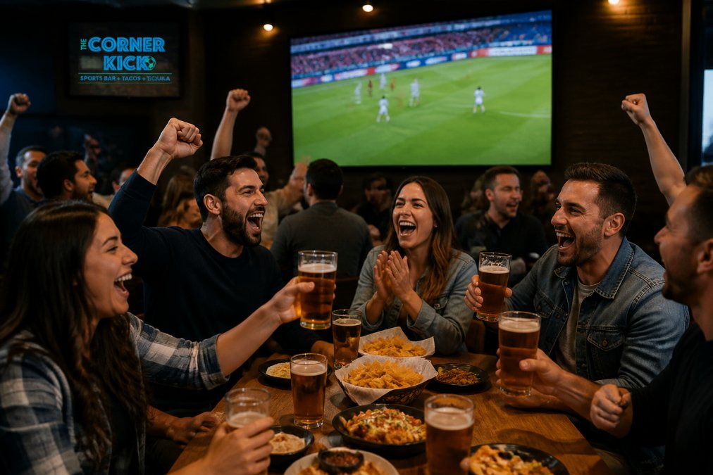 Group of friends cheering at a sports bar with large flat-screen TVs showing a live soccer match in the background, appetizers and draft beers on the table, energetic crowd atmosphere under warm bar lighting
