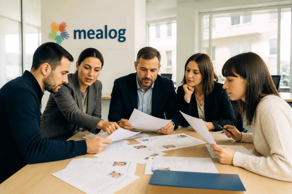Team di responsabili HR riuniti attorno a un tavolo moderno, che revisionano curriculum e candidature stampate per posizioni di magazziniere e addetto alla logistica, con documenti sparsi e computer sullo sfondo in ufficio luminoso