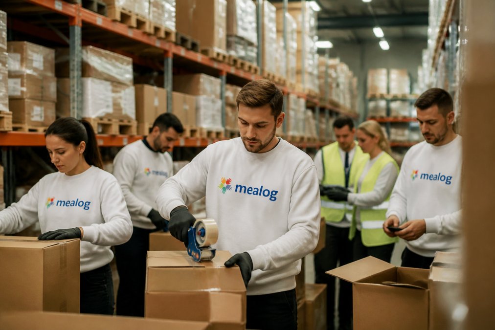 Operai in magazzino che eseguono attività di picking e packing durante periodo di alta intensità lavorativa, con scaffali carichi di merci sullo sfondo e luci industriali, alcuni indossano giubbetti ad alta visibilità