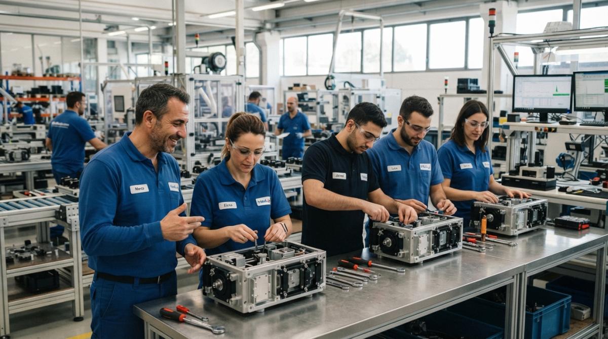 Team di operai in una linea di produzione moderna che lavorano insieme su un progetto di assemblaggio, con macchinari e stazioni di controllo qualità visibili sullo sfondo, illuminati da luce naturale