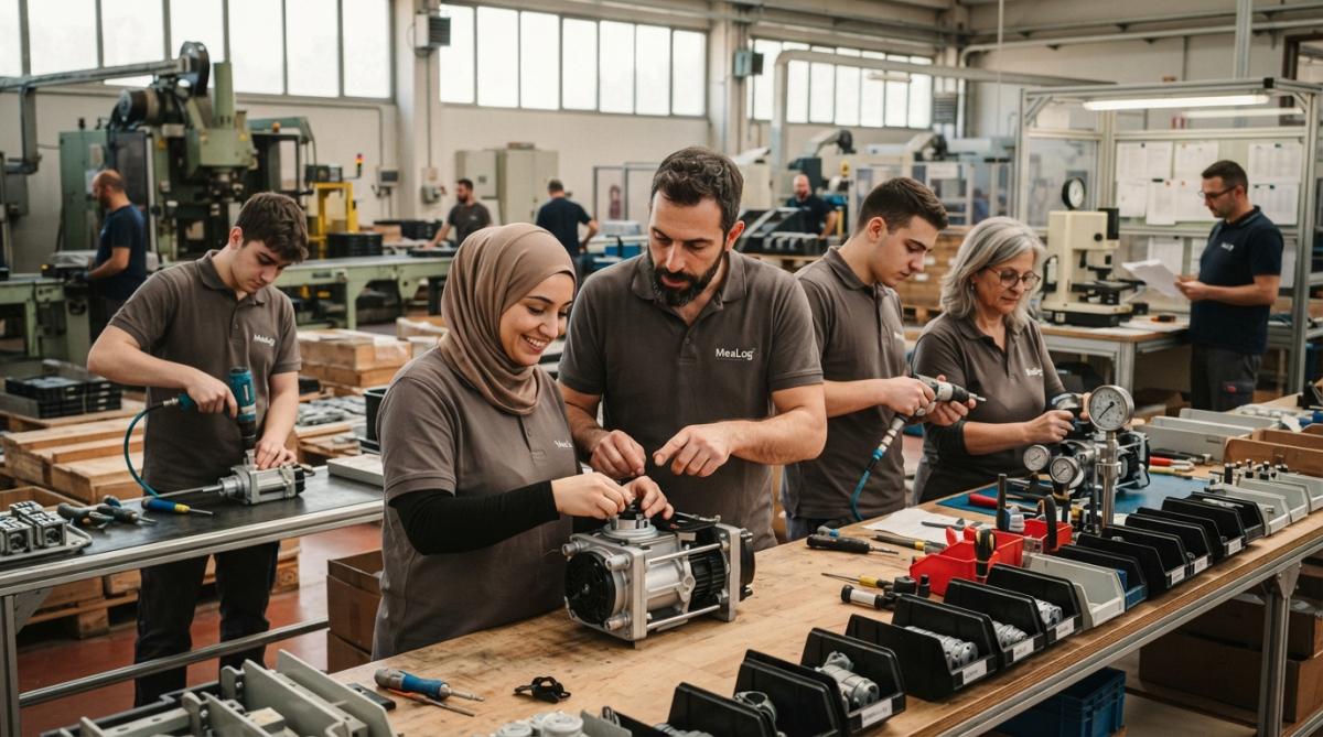 Operai al lavoro su una linea di montaggio moderna per Adecco vs GiGroup per produzione, con macchinari e controllo qualità.