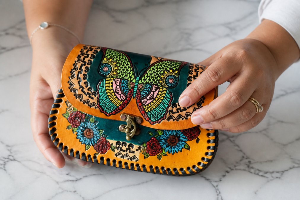 Close-up of hands examining genuine leather handbag, showing natural grain texture, hand-stitched seams, and patina characteristics on a marble surface with natural window lighting