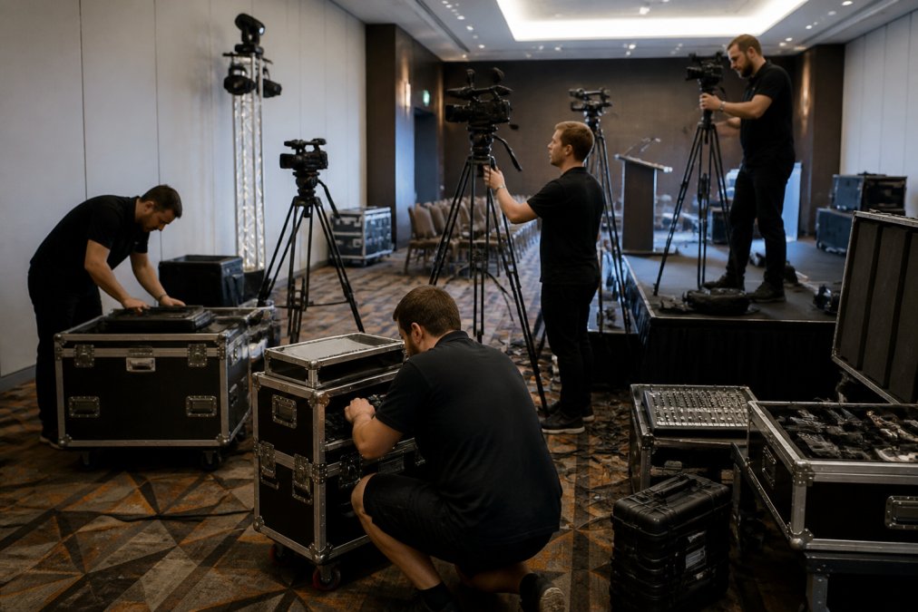 Professional camera operators and technicians setting up multiple high-definition cameras, audio equipment, and broadcast control systems in a modern corporate conference room with stage lighting and event setup