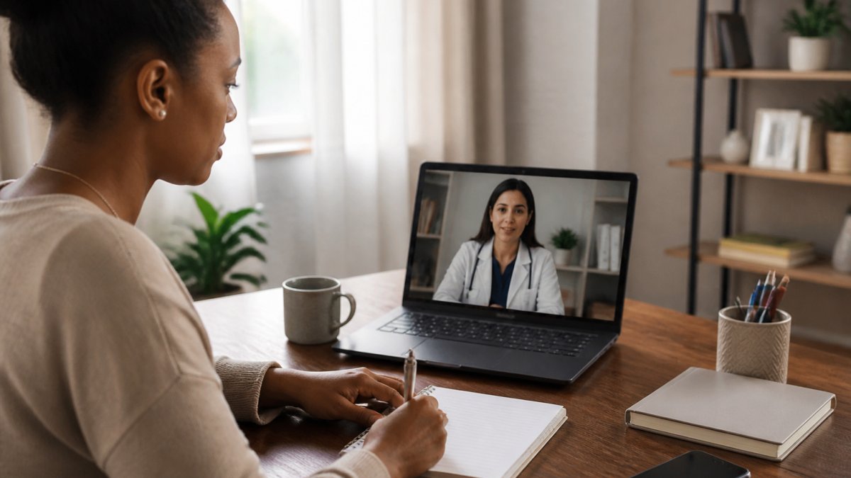 Young professional sitting at desk during video call with healthcare provider on computer screen, taking notes with calm expression, natural office lighting