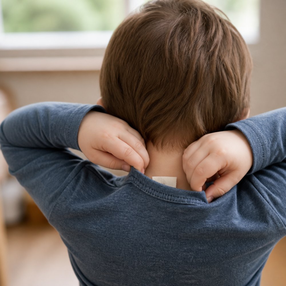 A young child pulling at a scratchy shirt tag, a common sign of clothing sensory issues during daily dressing.