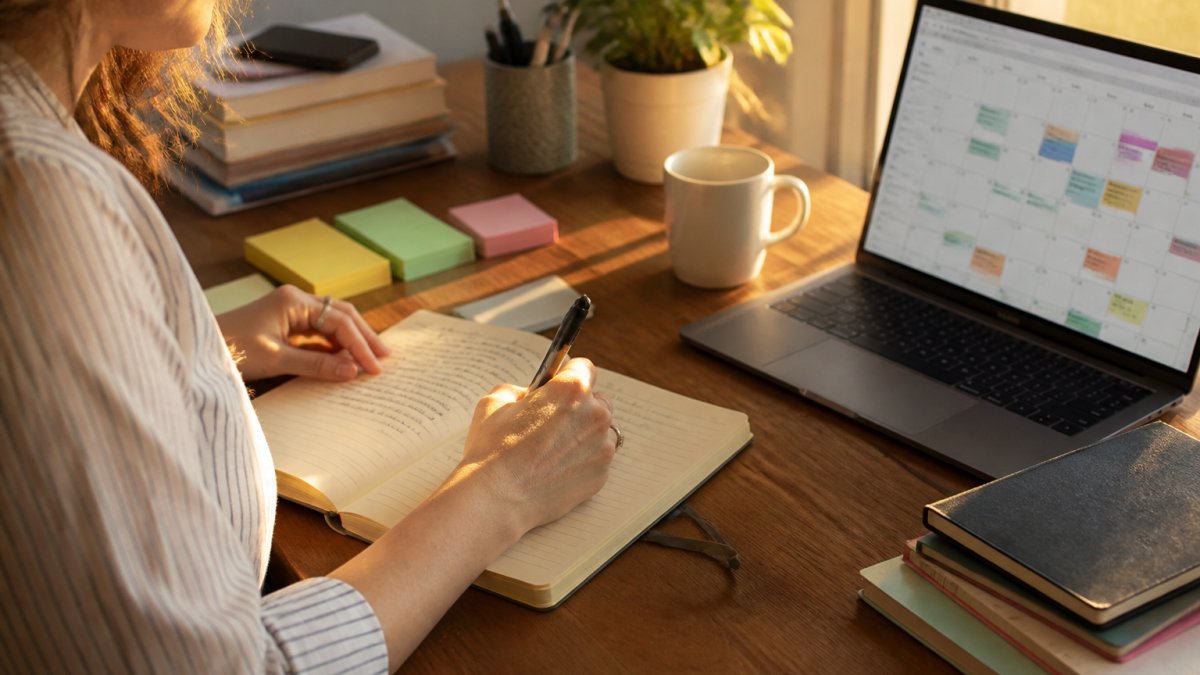 A late-diagnosed adult woman in her 40s working at a tidy home desk with a notebook, sticky notes, and a laptop showing a calendar, looking focused and calm in soft natural light