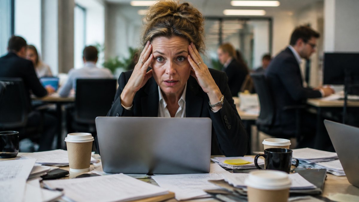 Professional overwhelmed at desk with scattered papers and multiple open laptop tabs, surrounded by coffee cups and stress indicators, harsh fluorescent office lighting