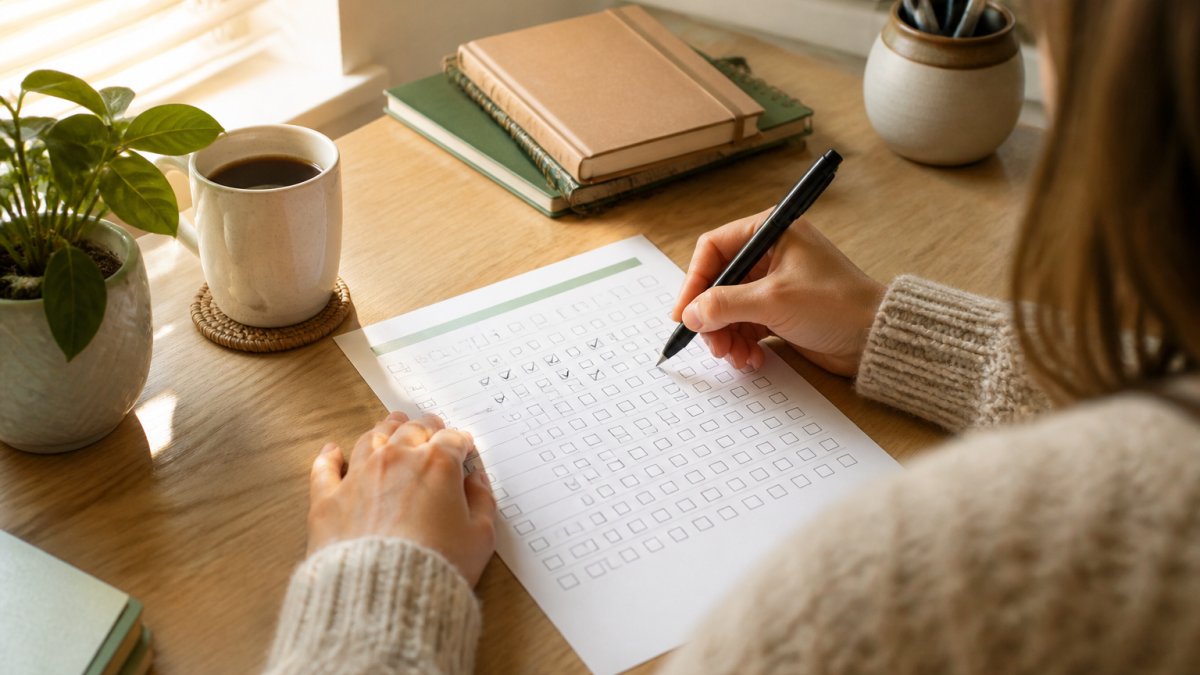 A person sitting at a desk with a coffee, marking off a printed habit tracker page in the morning sunlight.