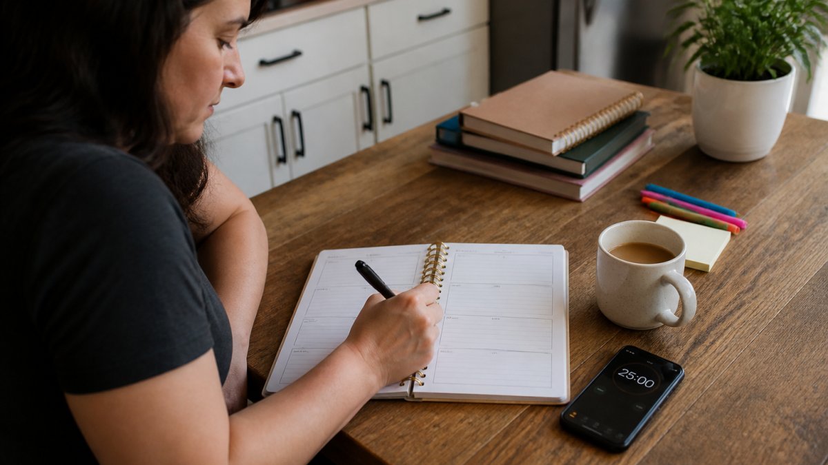Five-step process infographic showing a person writing a small task in a planner to overcome inertia.