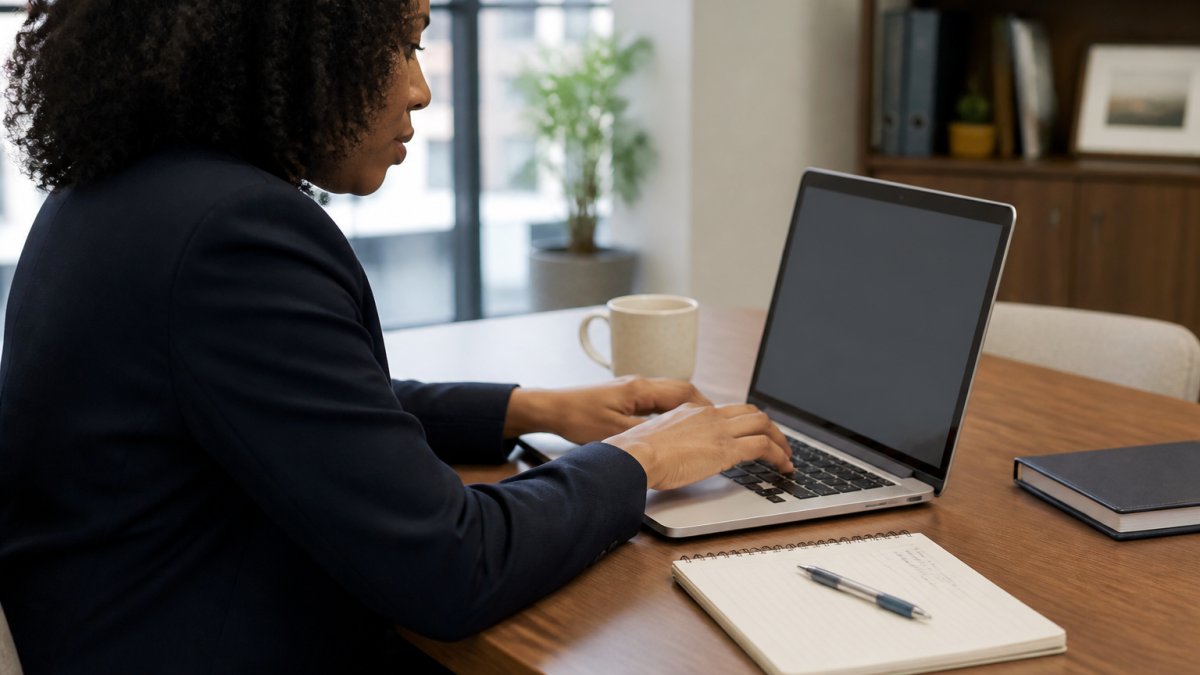 Professional sitting at desk composing an email on their computer, with a notepad and pen nearby showing accommodation request notes