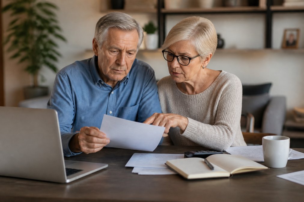 Mature couple reviewing financial documents and statements at a home desk with a laptop, coffee cup, and notebook visible, appearing calm and focused