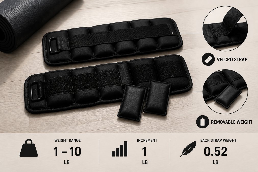 Close-up of a pair of black neoprene adjustable ankle weights laid flat on a wooden floor beside a rolled fitness mat, showing the velcro strap and removable weight pouches in natural daylight