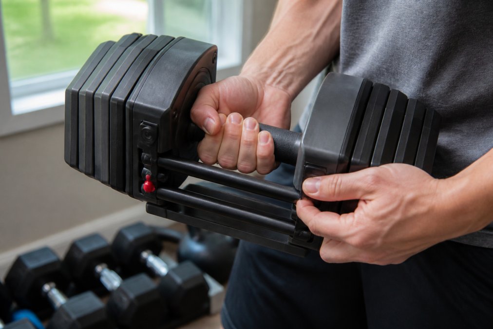 Close-up of hands gripping the PowerBlock Elite EXP adjustable dumbbell, fingers positioned on the contoured handle with the weight selection pin visible, showing the locking mechanism in a home gym setting with natural window lighting