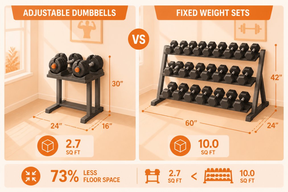 Compact home gym corner with adjustable dumbbells neatly arranged on a metal storage stand next to a wall, morning sunlight streaming through a window, showing the minimal floor space footprint compared to a traditional dumbbell rack visible in background