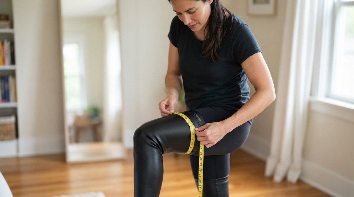 Woman measuring her thigh with a soft tape measure, standing with one leg slightly bent, showing proper measurement technique at the widest point of the thigh with clear visibility of the tape placement