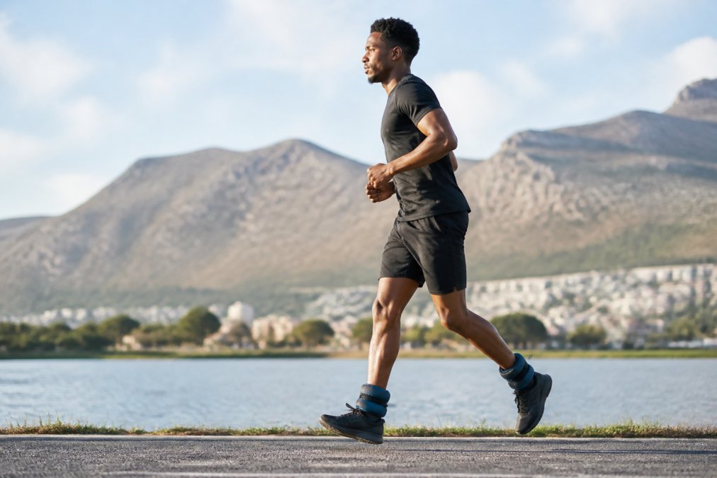 Athlete running outdoors while wearing weighted ankle bands, demonstrating dynamic movement and functional training in motion with natural outdoor lighting