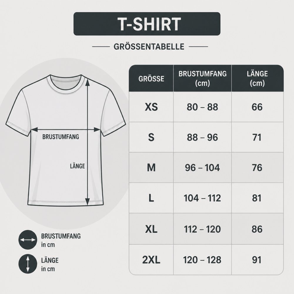 Größentabelle für Adler-Motiv T-Shirts und Hoodies: T-Shirt XS (Brustumfang 80-88 cm, Länge 66 cm), S (88-96 cm, 71 cm), M (96-104 cm, 76 cm), L (104-112 cm, 81 cm), XL (112-120 cm, 86 cm), 2XL (120-128 cm, 91 cm)