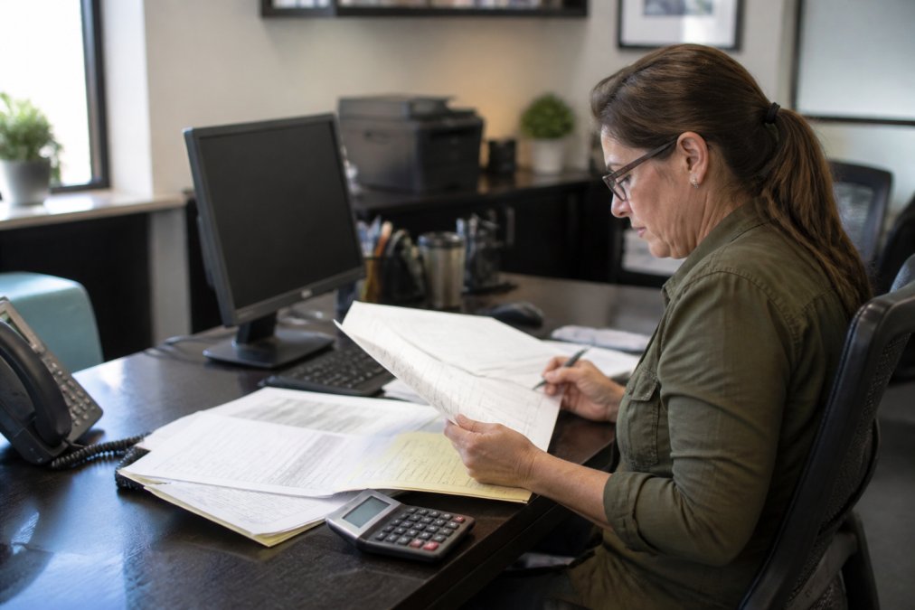 Office manager at a desk reviewing billing documents on a computer screen with papers and calculator nearby, natural office lighting