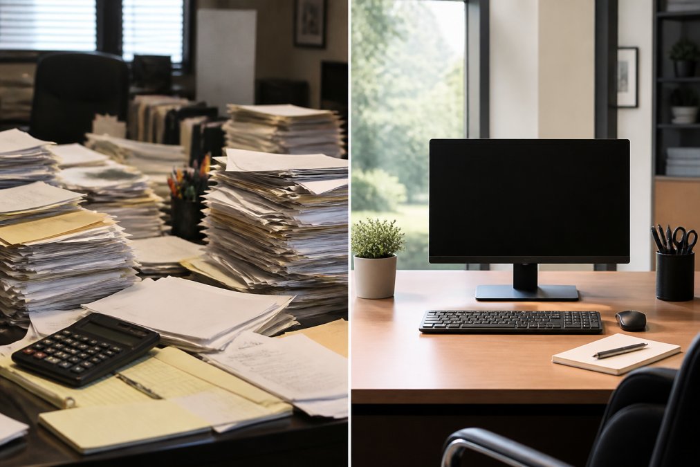 Two contrasting scenes side by side: left side shows cluttered desk with stacks of invoices and papers scattered around; right side shows clean organized workspace with single monitor displaying billing software dashboard