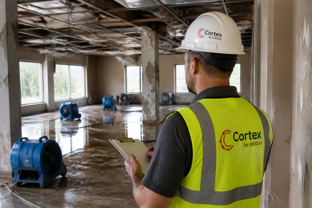 A restoration project manager reviewing job schedules and budget dashboards on a laptop inside a water-damaged commercial building, wearing a hard hat and safety vest