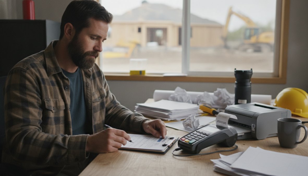 Handyman reviewing invoice on tablet in home office with natural sunlight, sitting at desk with paperwork