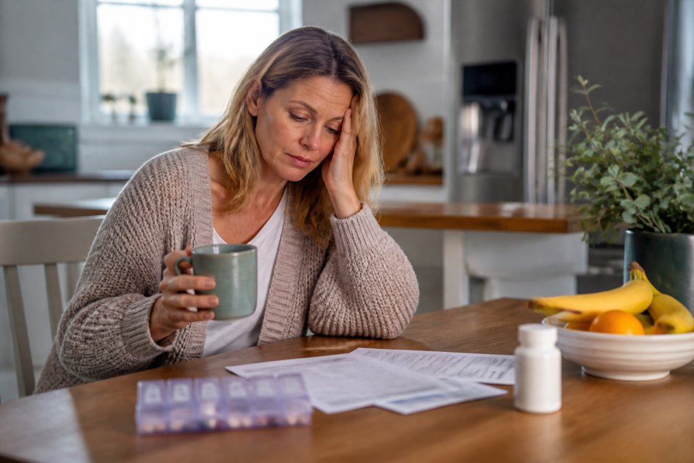 A woman in her 40s sitting at a kitchen table in morning light, looking tired while holding a mug of tea, with a pill organizer and lab paperwork visible nearby