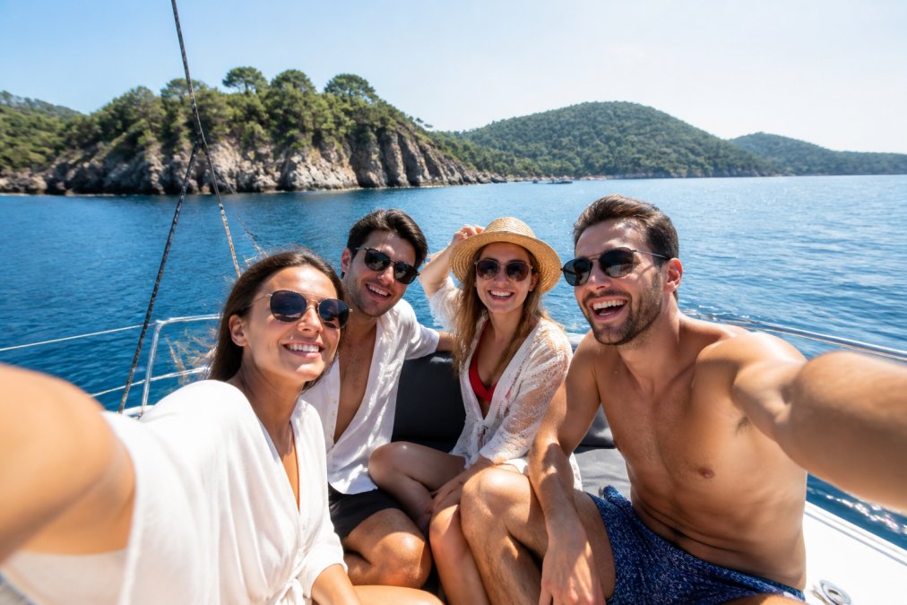 Bir grup turist tekne turunda birlikte eğlenirken, güneşli bir gün, deniz ve adalar görünüyor, herkes gülüyor