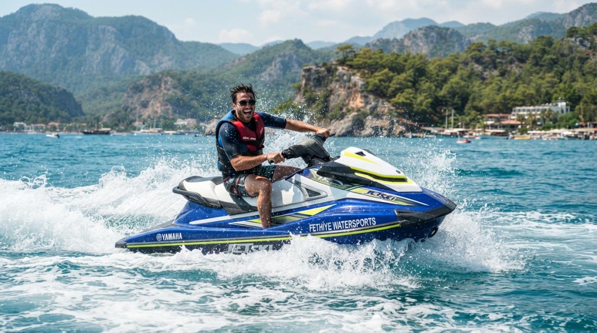 Spor yapan kişi jet ski ile denizde hızla ilerlerken, su sıçraması ve yüzündeki heyecanlı ifade görülüyor, güneşli bir gün