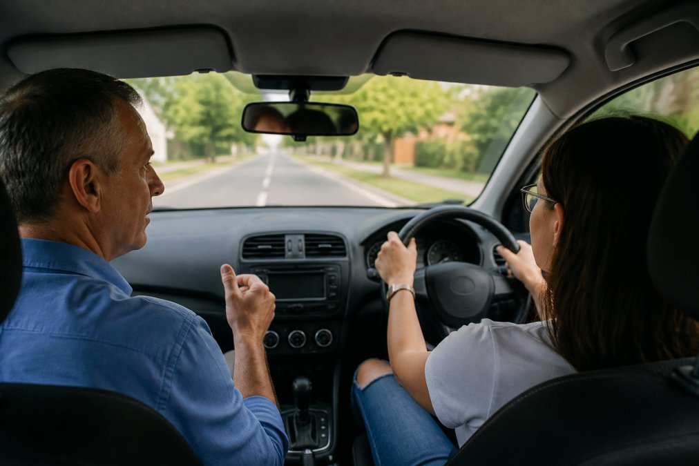 Professional driving instructor sitting in passenger seat of a dual-controlled vehicle, providing calm, focused instruction to an adult student driver navigating a residential street, with reassuring body language and clear hand gestures
