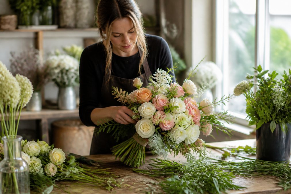 Infographic visualizing the florist comparison process for wedding and event floral design services.