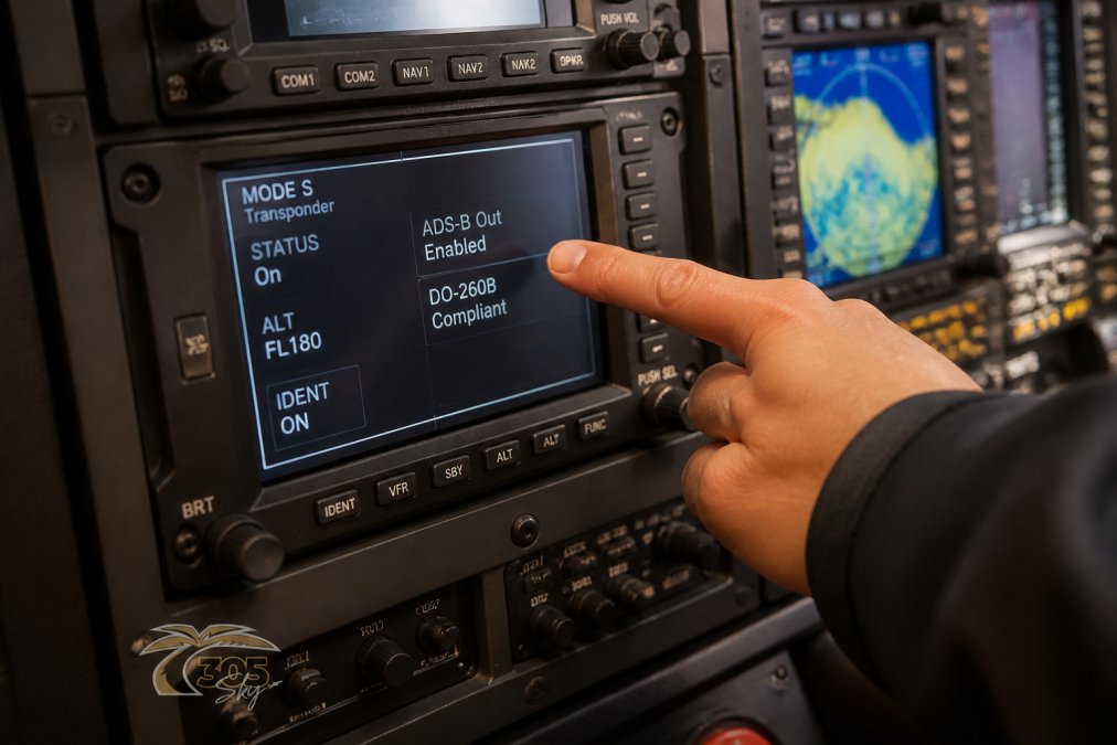 Close-up of an avionics panel in a private jet cockpit showing a Mode-S transponder display, with a pilot's hand pointing at the screen, warm cockpit lighting